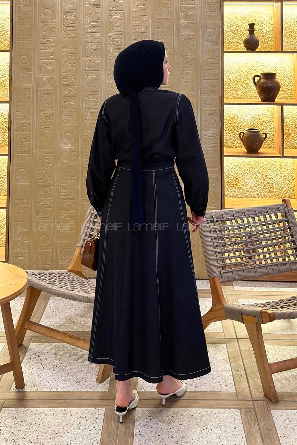 Lamelif Yakası Kuşaklı Kot Takım Koyu Mavi