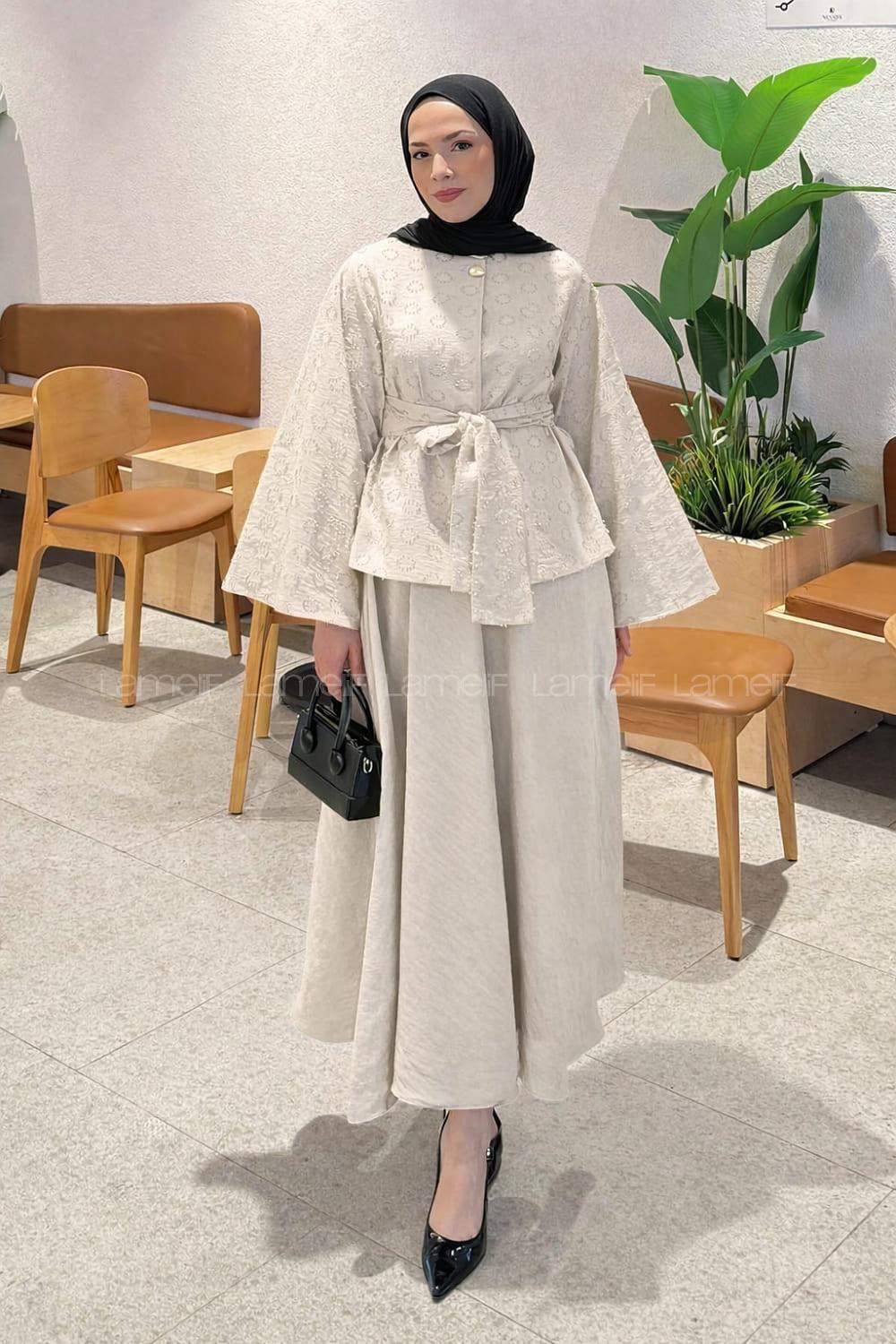 Lamelif Etekli Bağlamalı Takım Taş Rengi