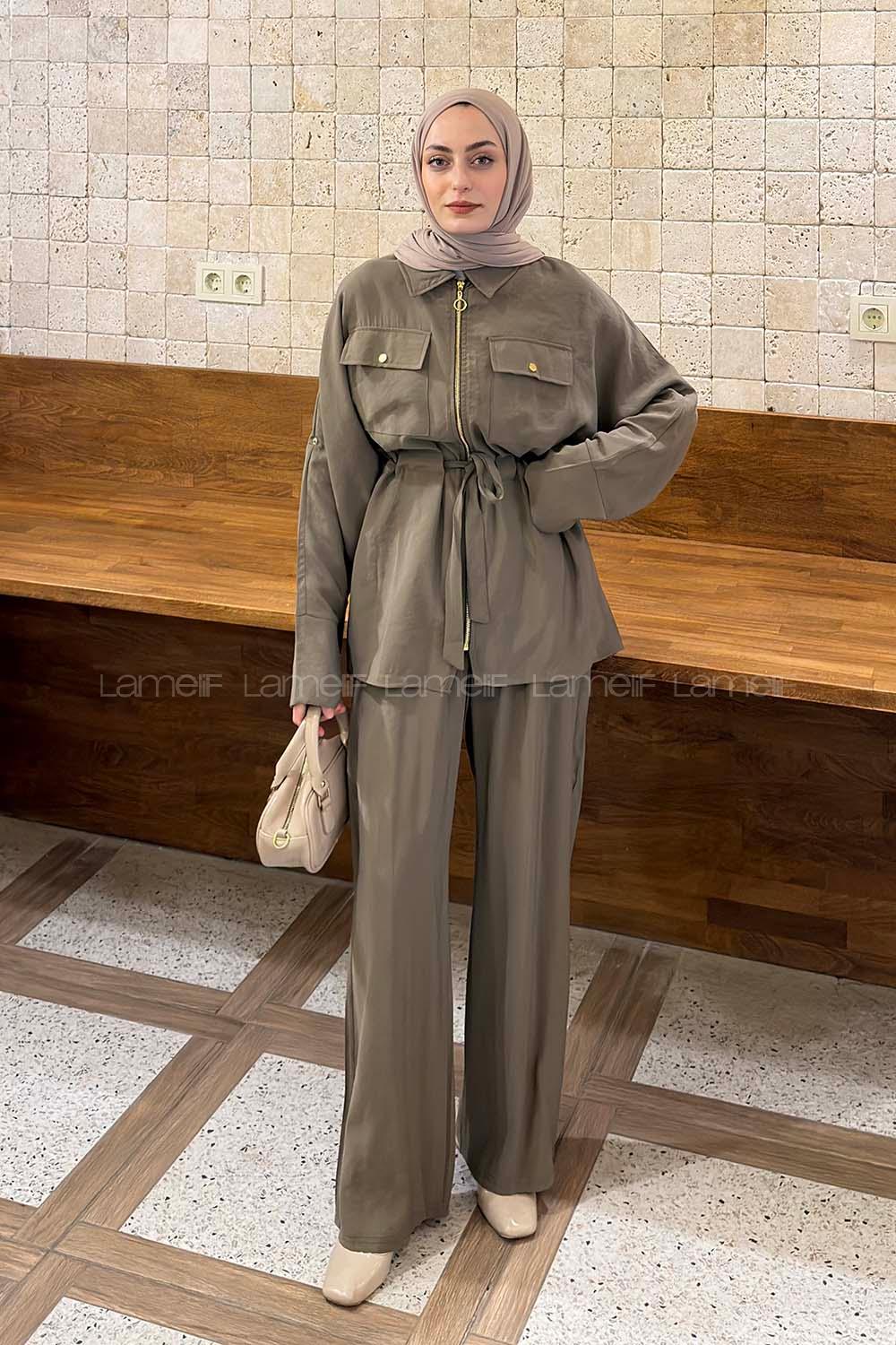 Lamelif Fermuarlı Modal Takım Haki