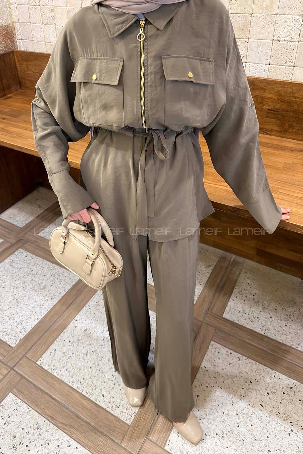 Lamelif Fermuarlı Modal Takım Haki