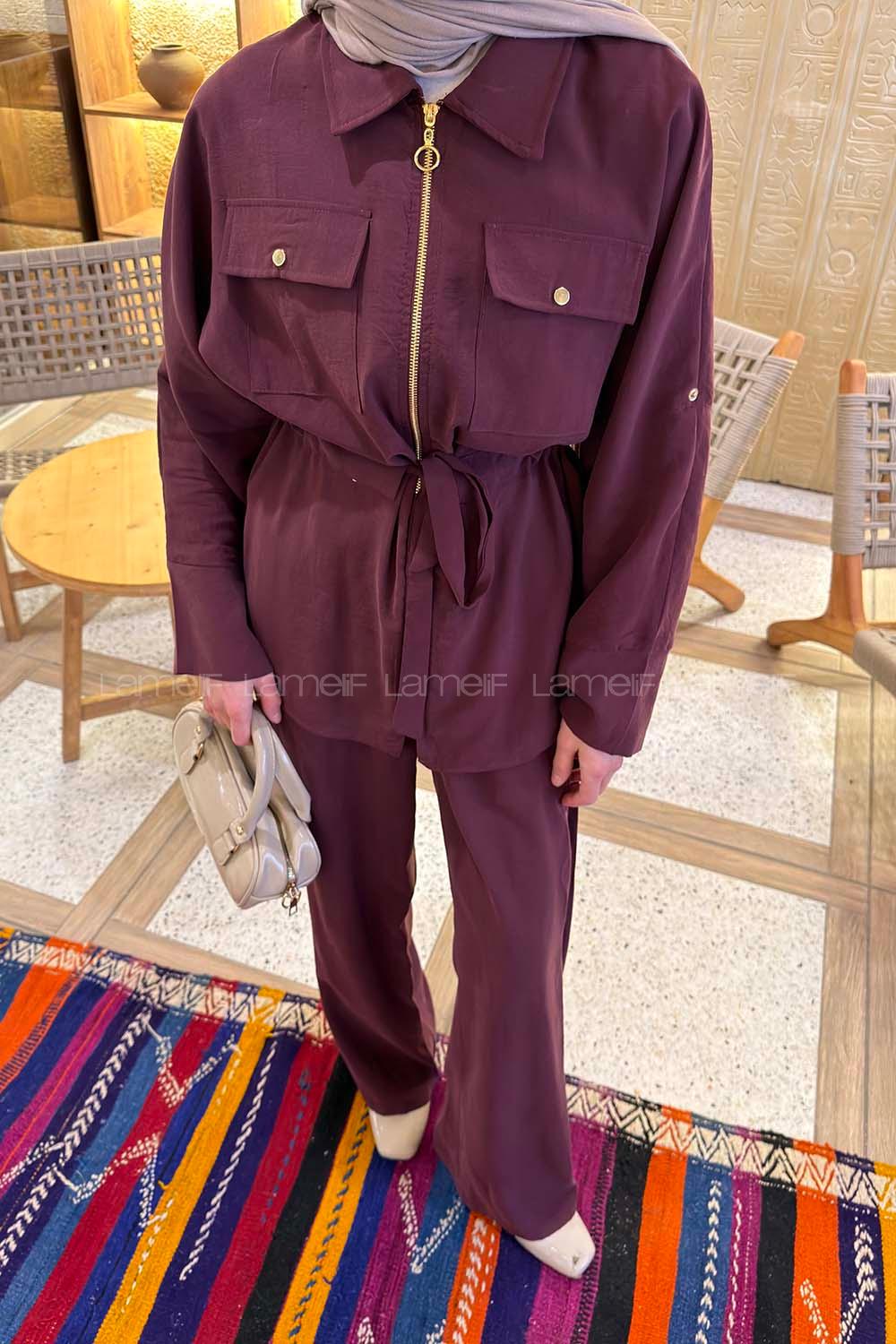 Lamelif Fermuarlı Modal Takım Mürdüm