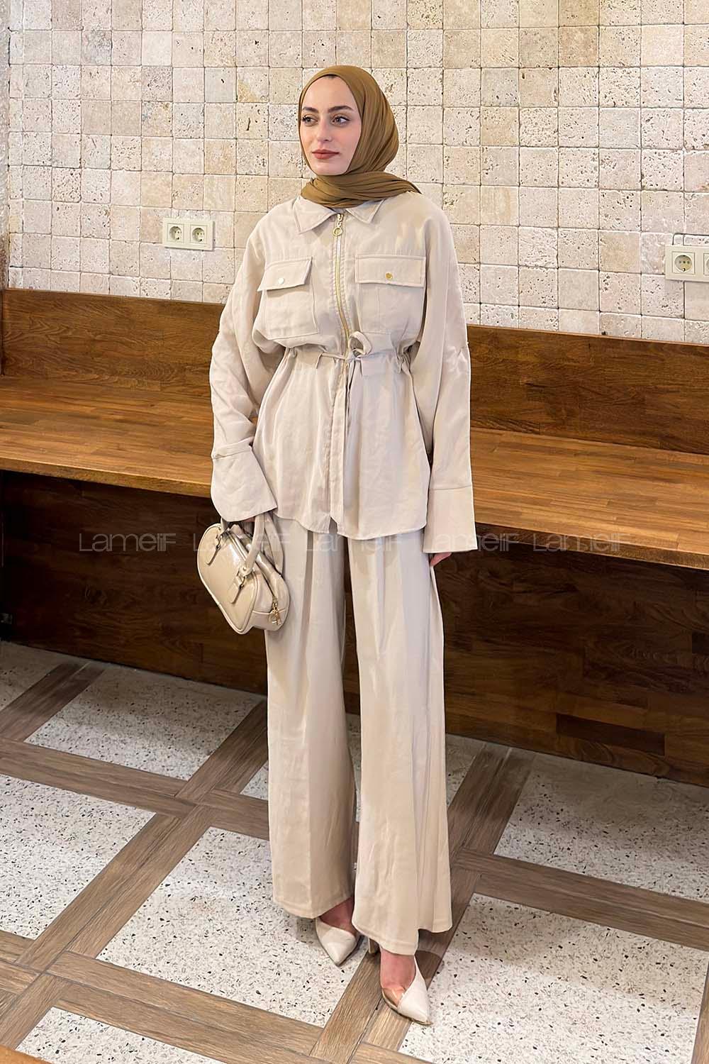 Lamelif Fermuarlı Modal Takım Taş Rengi