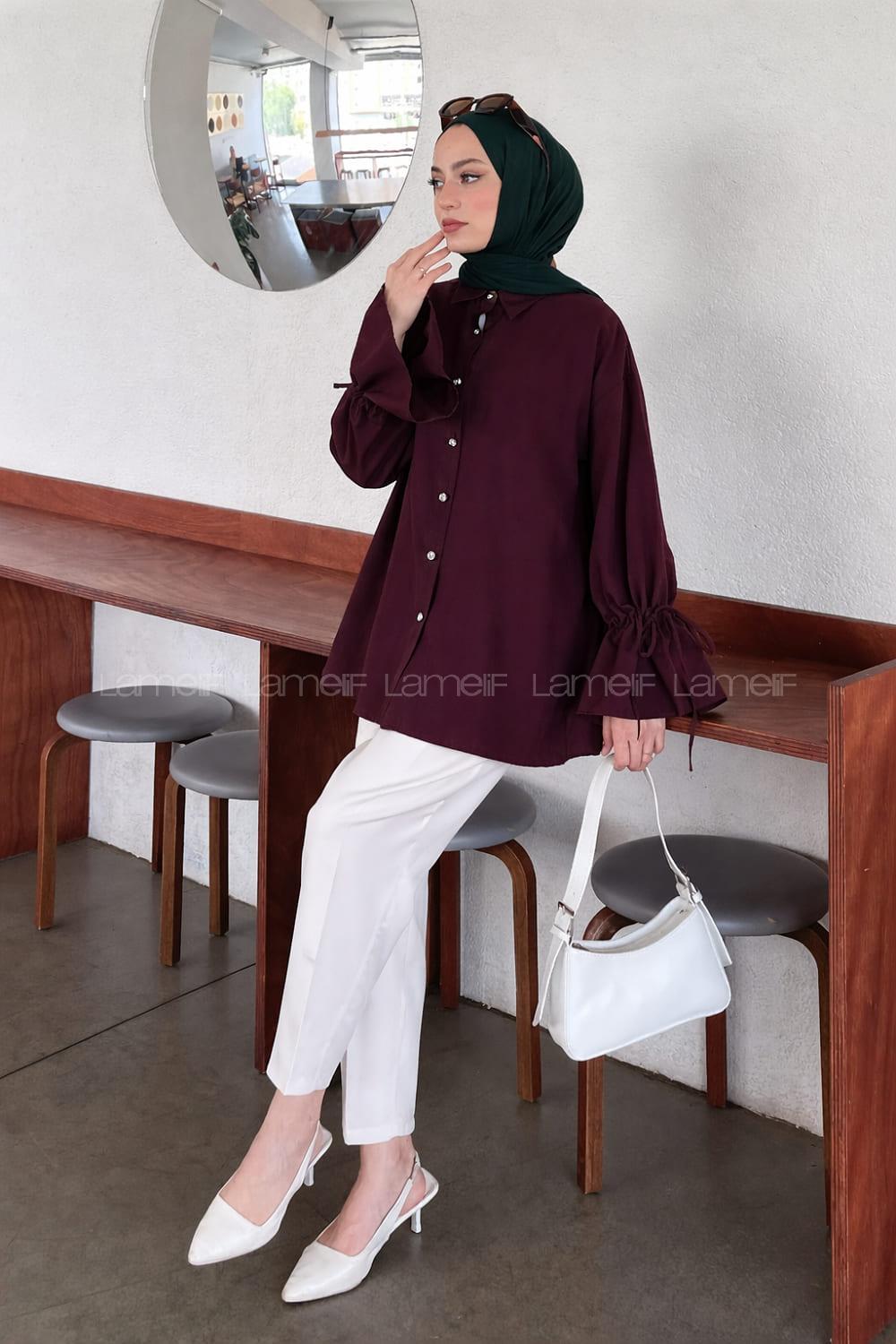 Lamelif Kol Tünel İp Detaylı Gömlek Mürdüm