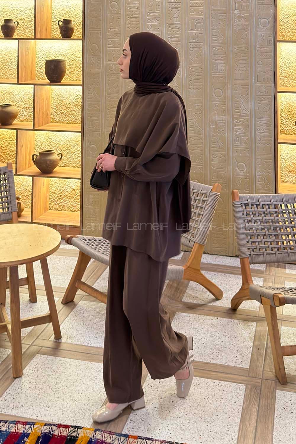Lamelif Modal Pelerinli Takım Kahve
