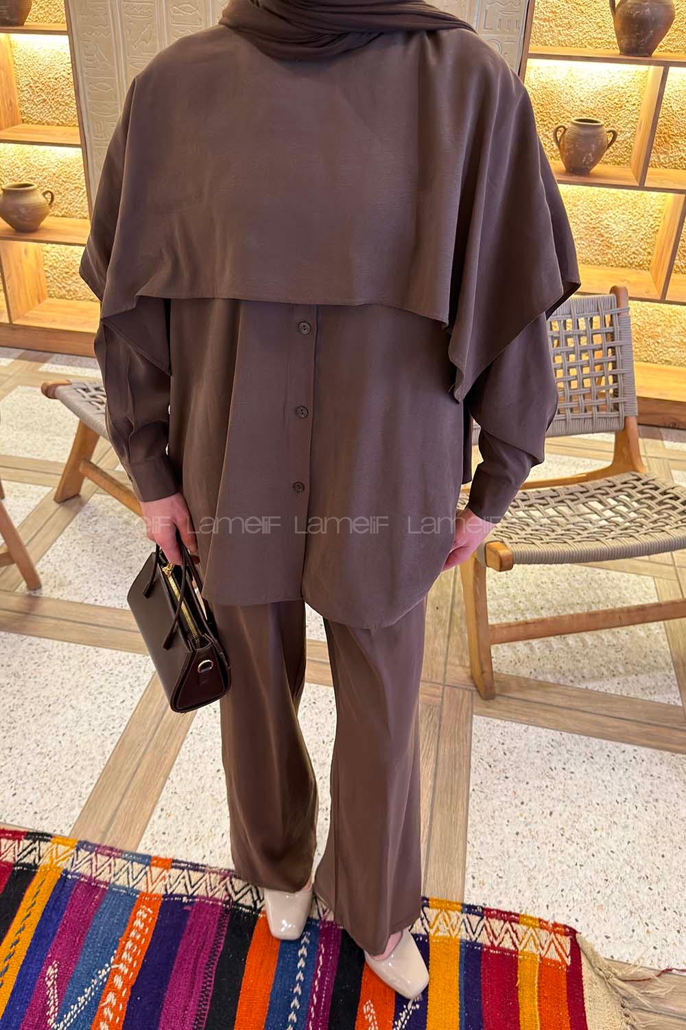 Lamelif Modal Pelerinli Takım Kahve