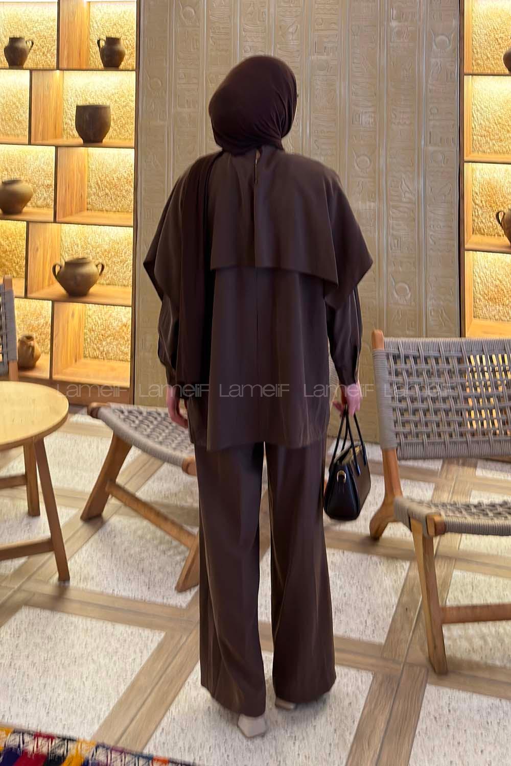 Lamelif Modal Pelerinli Takım Kahve