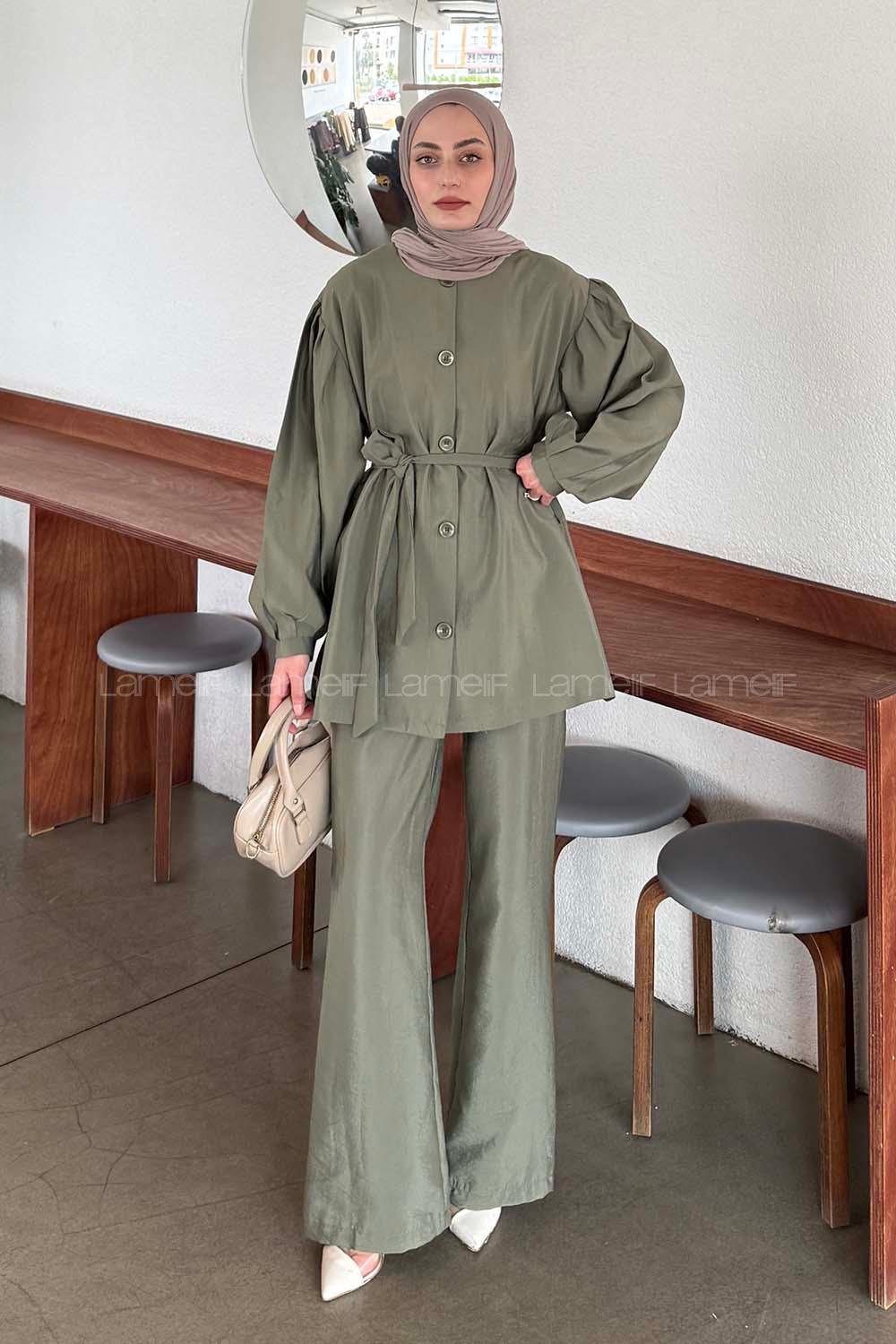 Khaki Crew Neck Long Arm Linen Regular Trousers Comfortable Suit