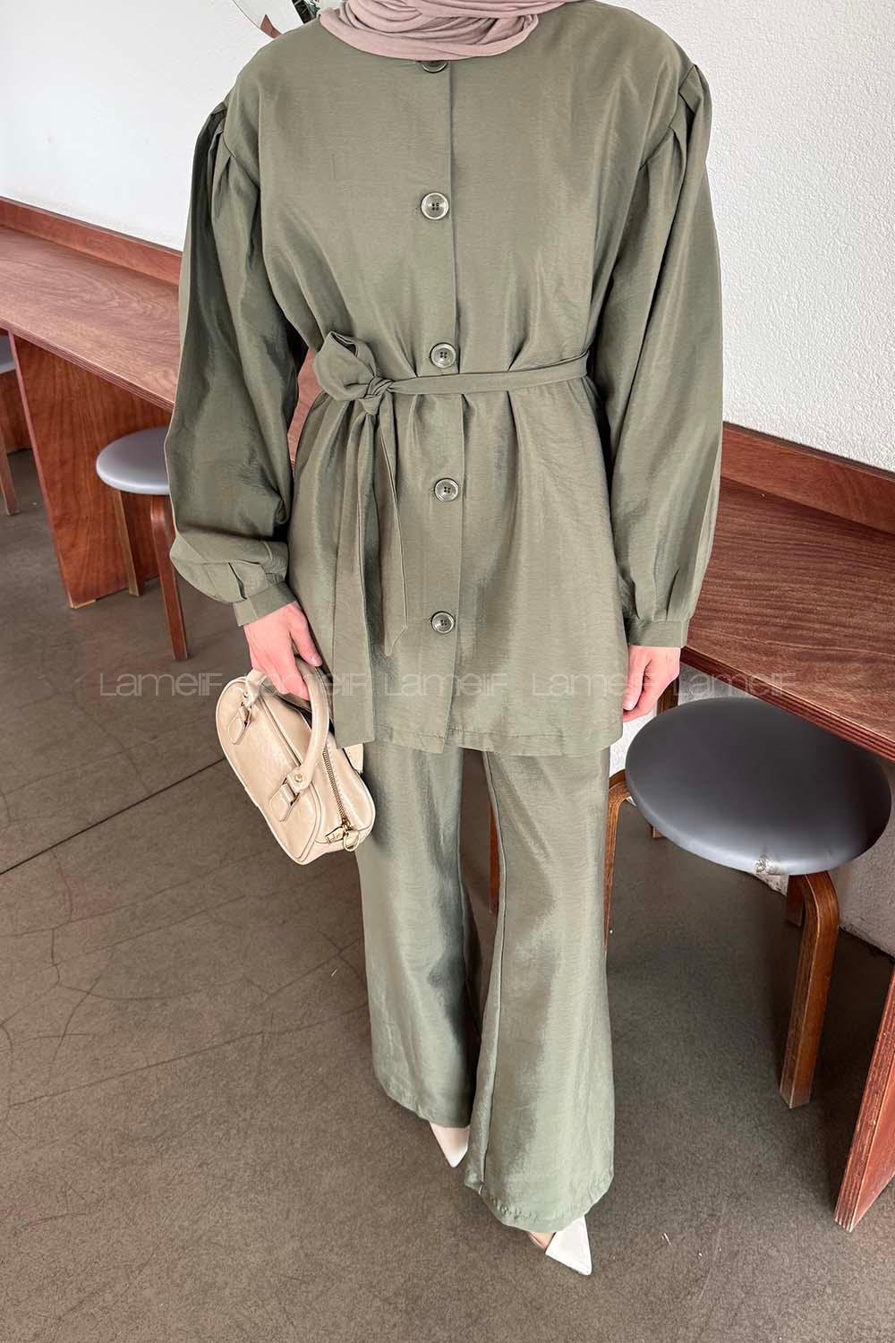 Khaki Crew Neck Long Arm Linen Regular Trousers Comfortable Suit