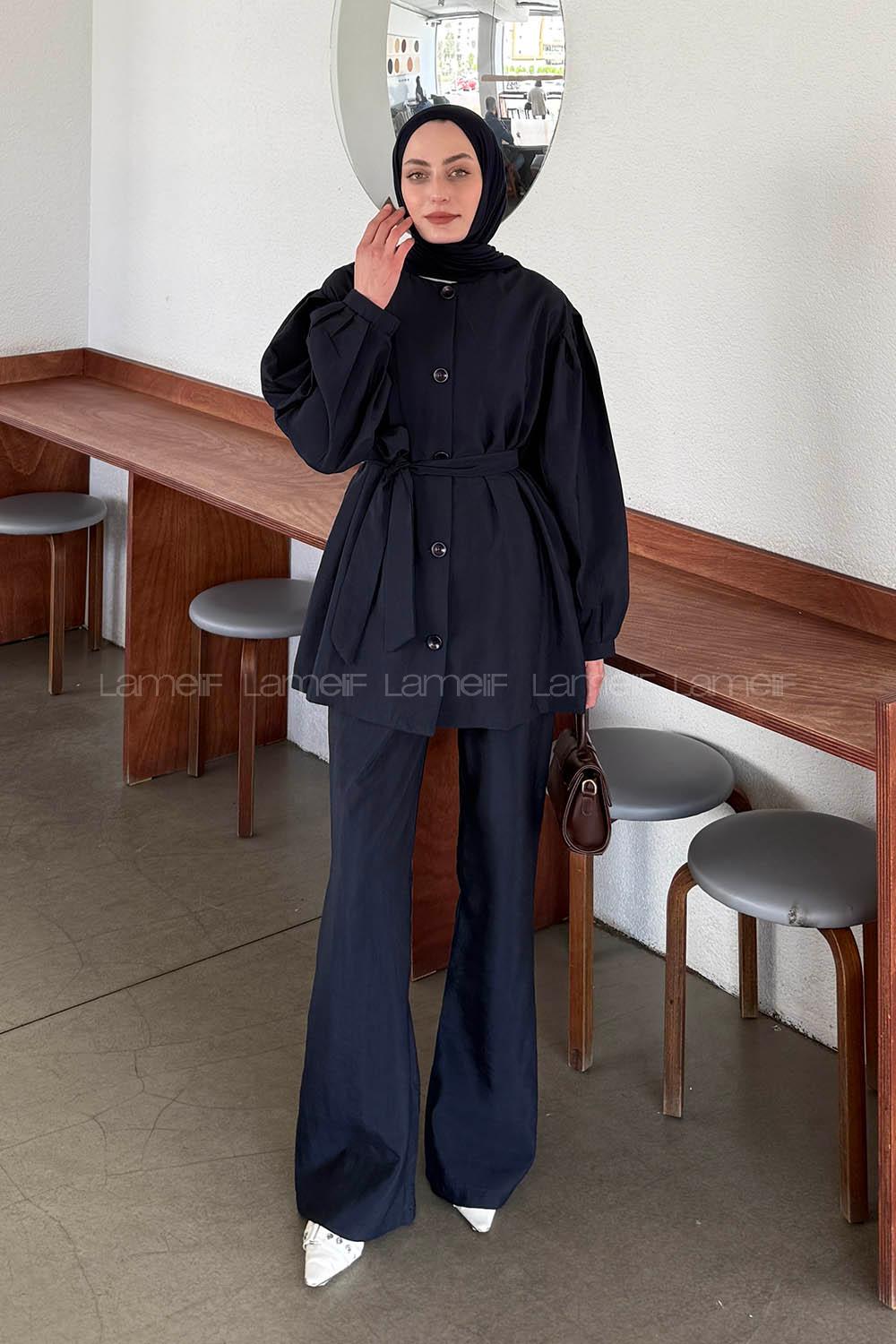 Navy Blue Crew Neck Long Arm Linen Regular Trousers Comfortable Suit