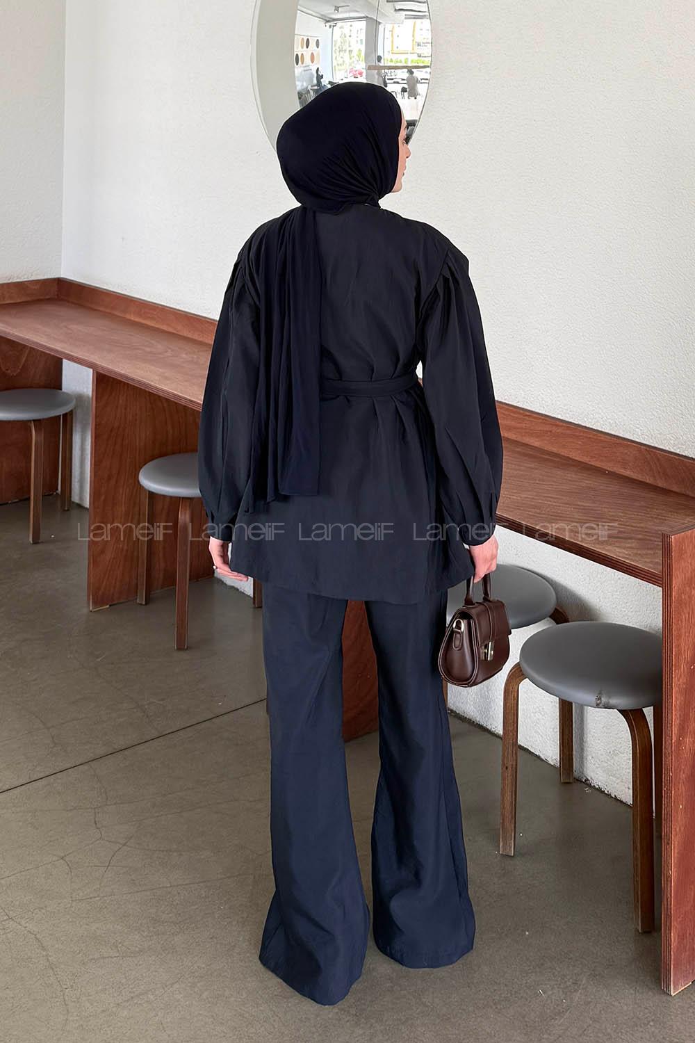 Navy Blue Crew Neck Long Arm Linen Regular Trousers Comfortable Suit