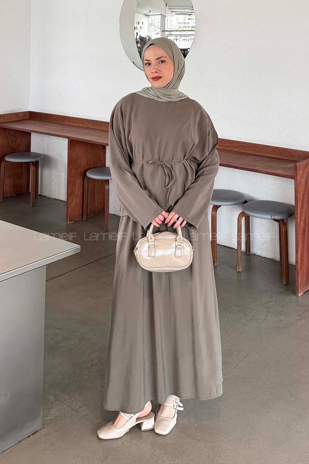 Lamelif Bağlama Detaylı Etekli Modal Takım Haki