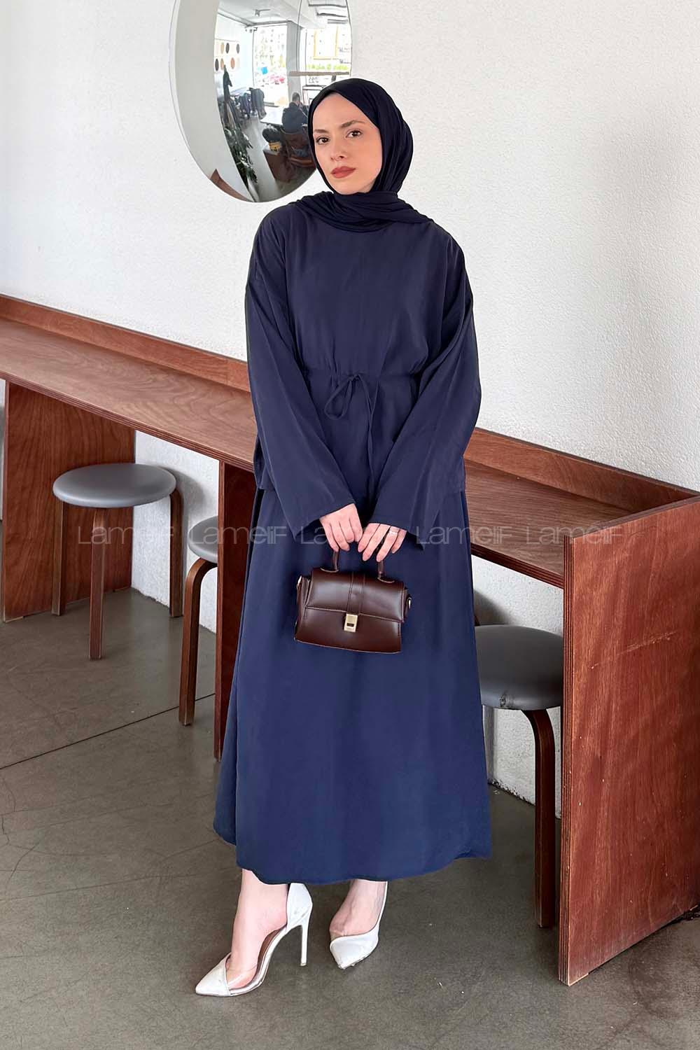 Lamelif Bağlama Detaylı Etekli Modal Takım Lacivert