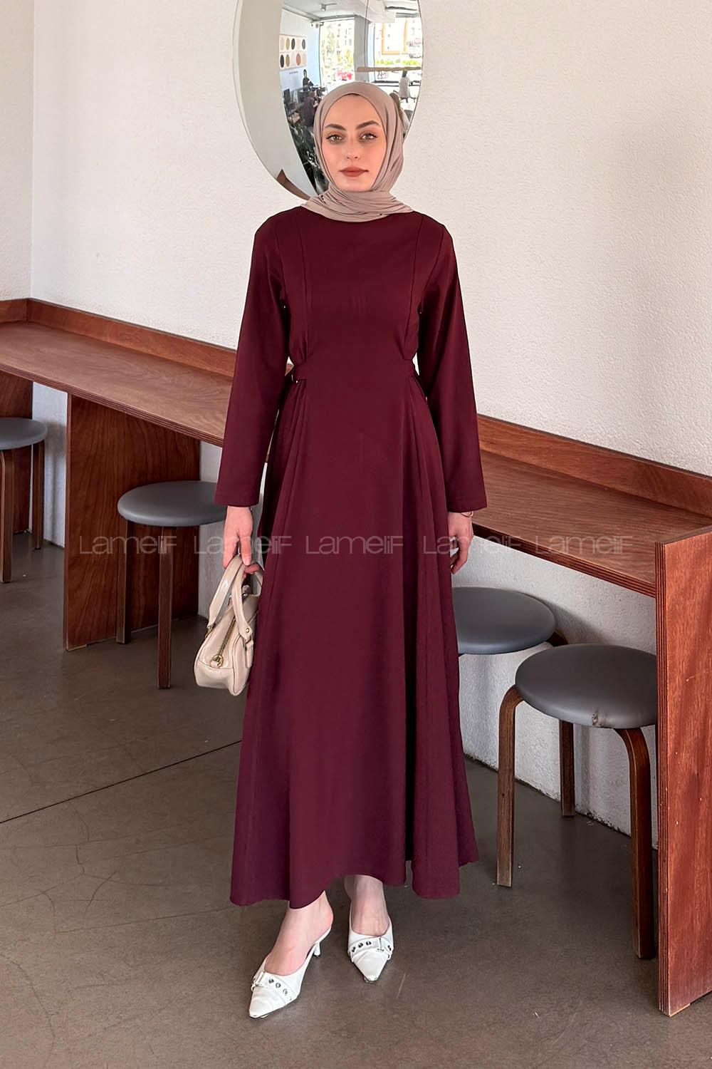 Lamelif Bel Kemer Detaylı Tesettür Elbise Mürdüm