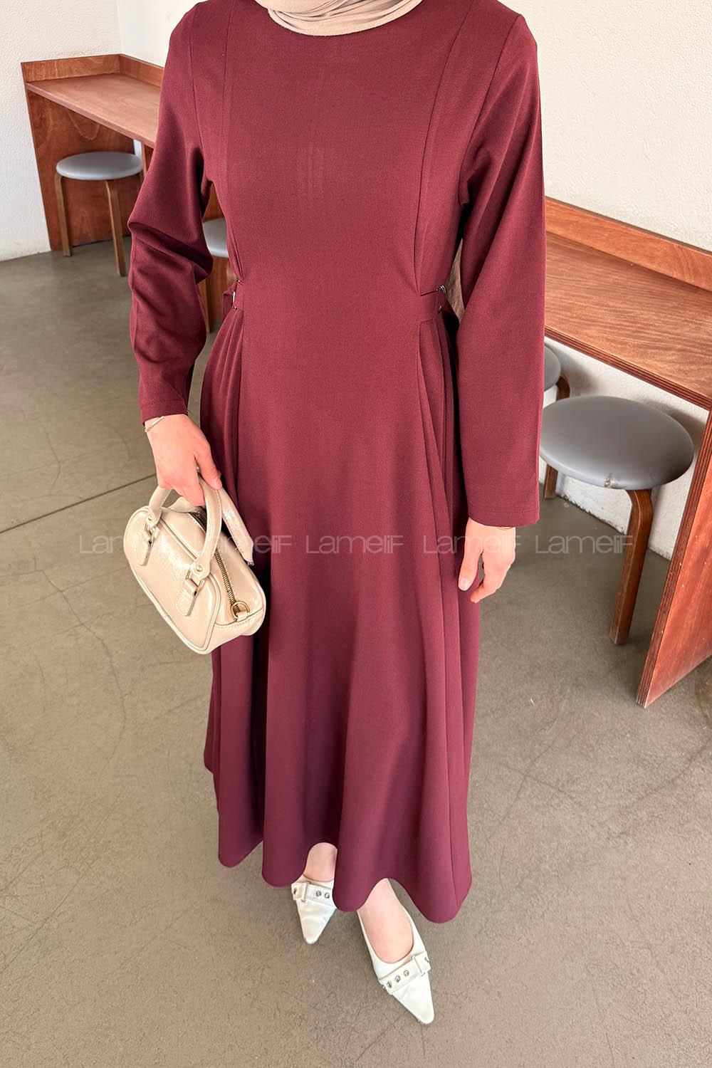 Lamelif Bel Kemer Detaylı Tesettür Elbise Mürdüm