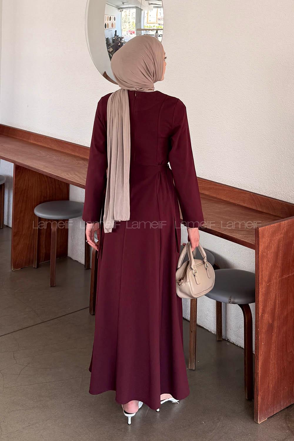Lamelif Bel Kemer Detaylı Tesettür Elbise Mürdüm
