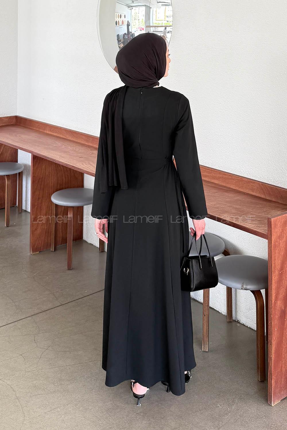 Lamelif Bel Kemer Detaylı Tesettür Elbise Siyah