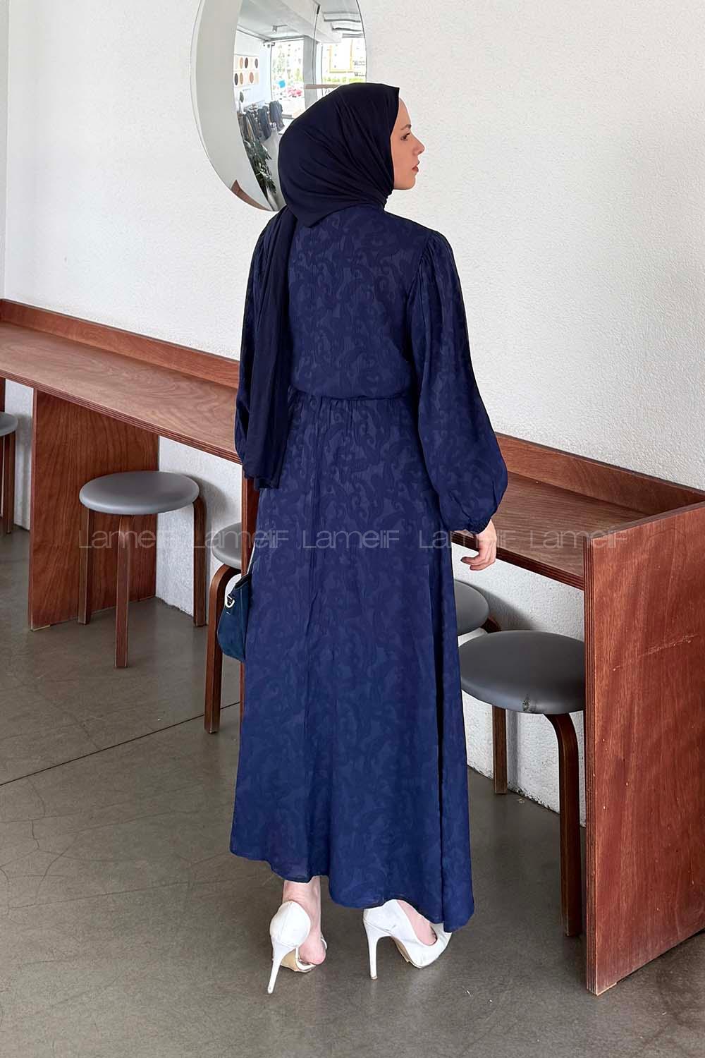 Lamelif Desenli Bağlama Detaylı Etekli Takım Lacivert