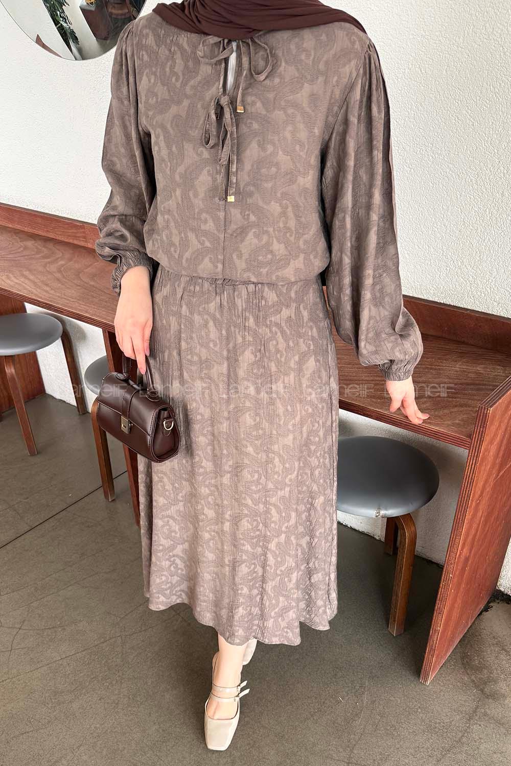 Lamelif Desenli Bağlama Detaylı Etekli Takım Vizonrengi