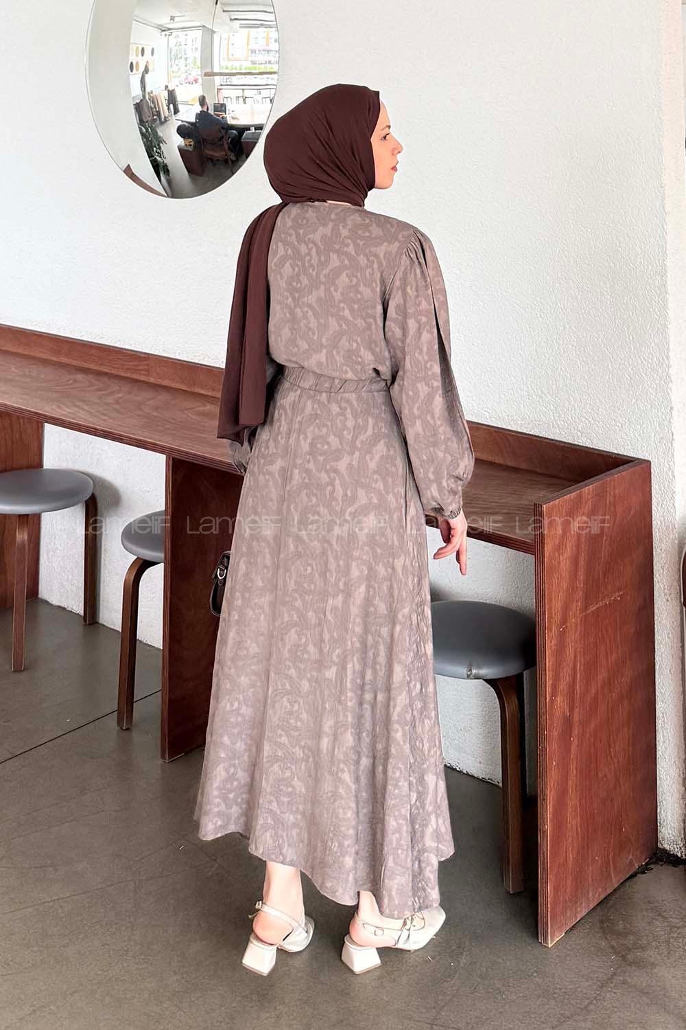 Lamelif Desenli Bağlama Detaylı Etekli Takım Vizonrengi