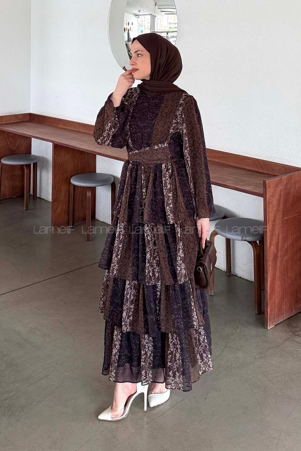 Bitter Brown Crew Neck Crepe Fabric Printed Dresess