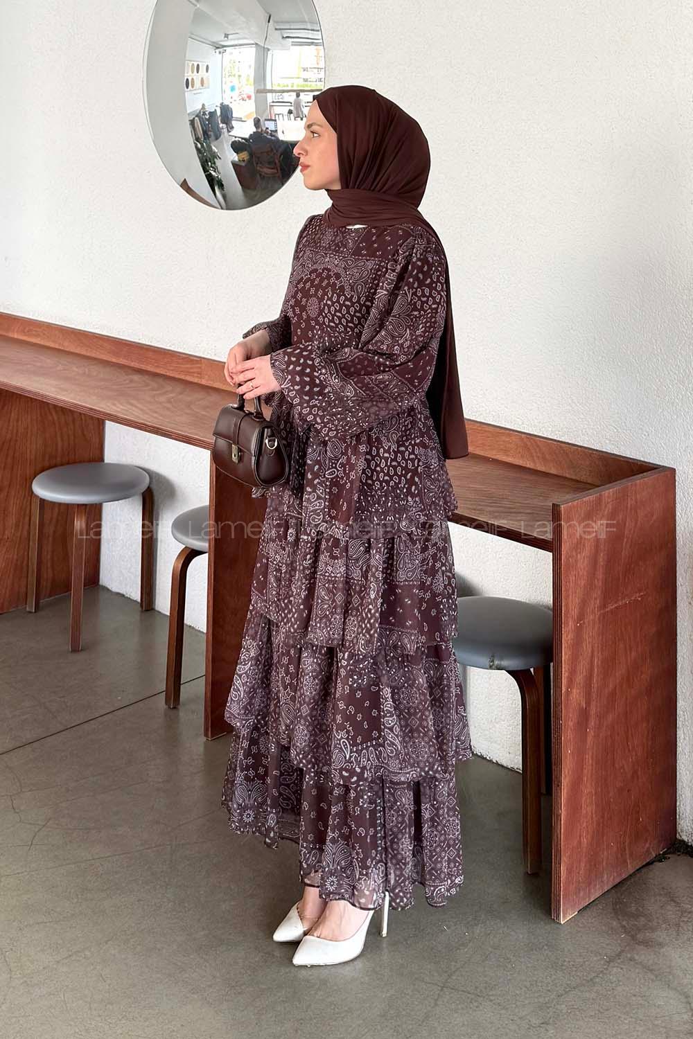 Lamelif Etnik Desen Katlı Elbise Kahverengi