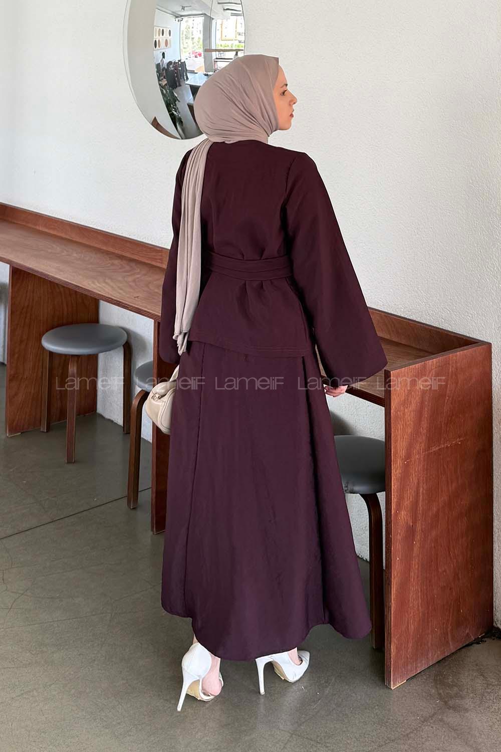 Lamelif Gold Düğmeli Etekli Takım Mürdüm