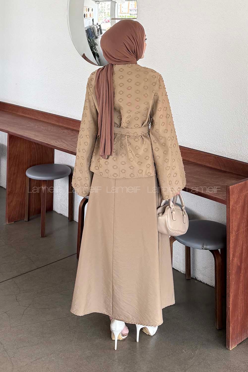 Lamelif Kabartma Nakış İşlemeli Takım Sütlü Kahve