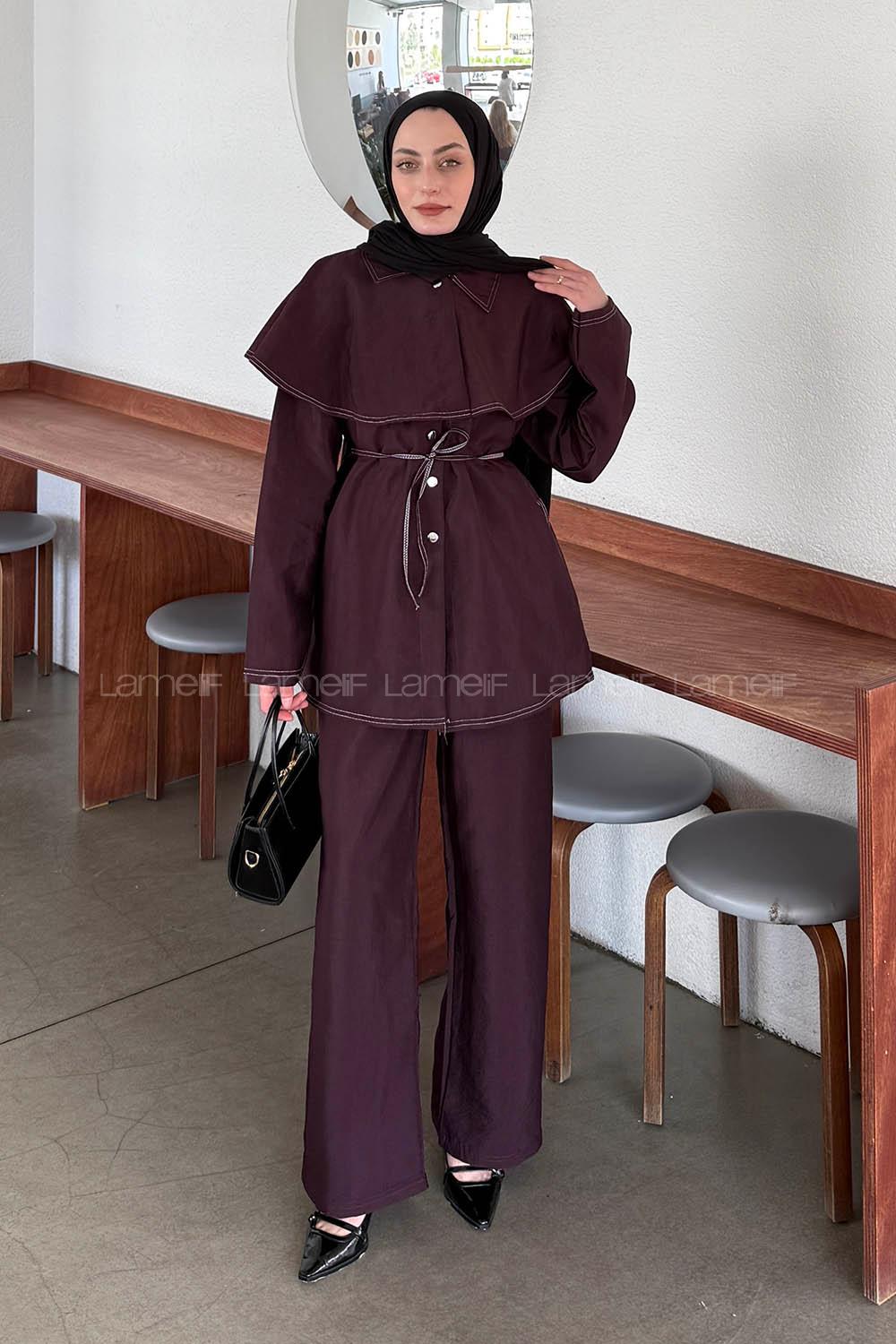 Lamelif Pelerin Detaylı Kontrast Dikişli Takım Mürdüm