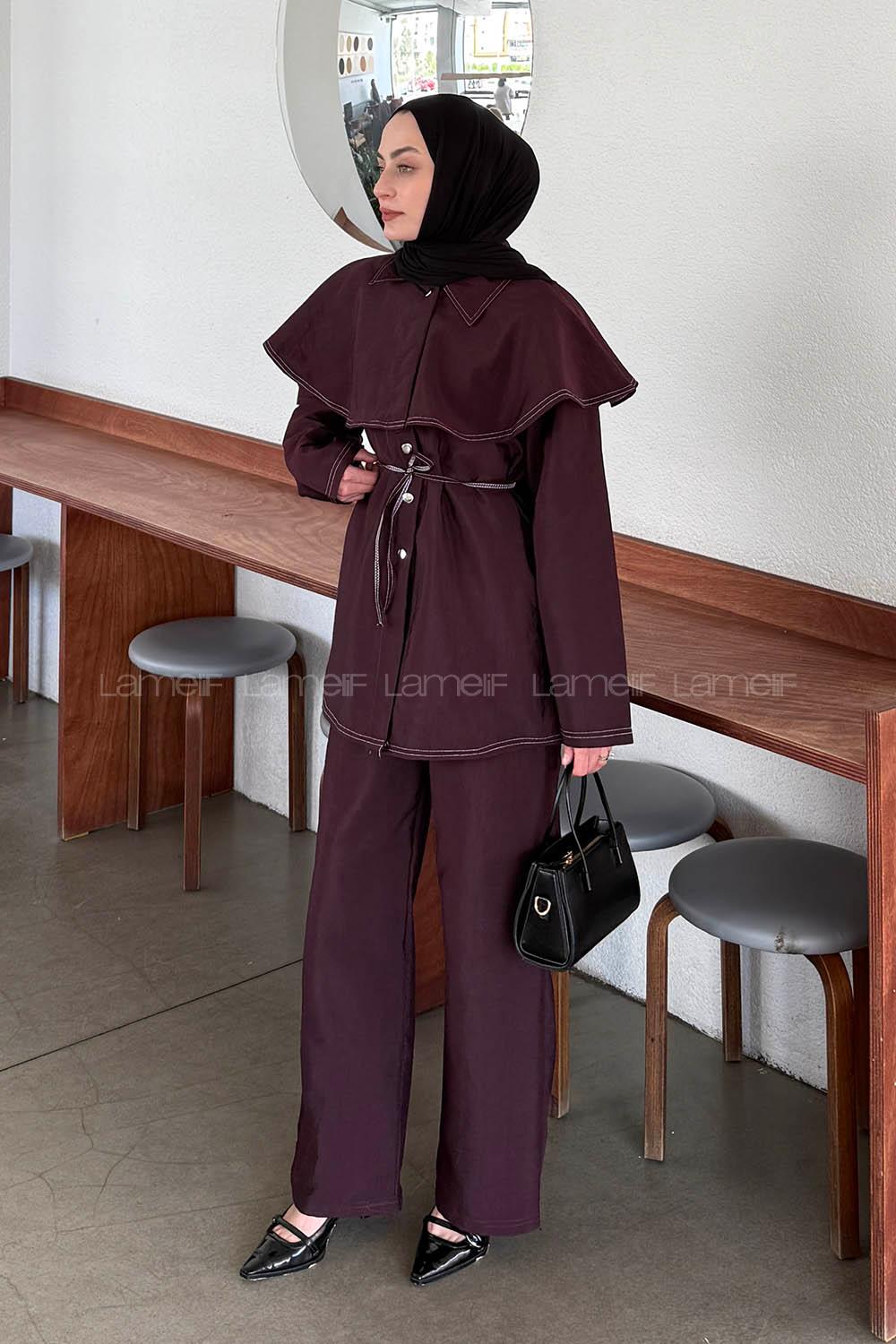 Lamelif Pelerin Detaylı Kontrast Dikişli Takım Mürdüm