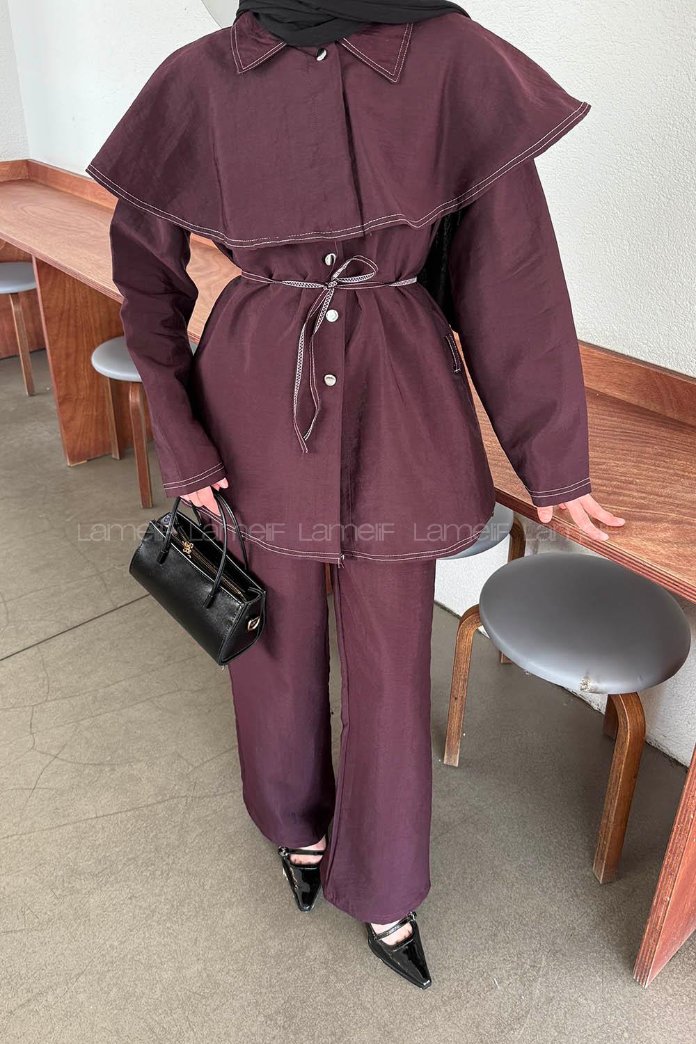 Lamelif Pelerin Detaylı Kontrast Dikişli Takım Mürdüm