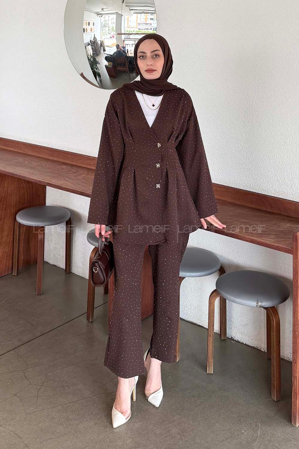 Lamelif Taş Detaylı Belden Oturtmalı Pantolonlu Takım Acı Kahve