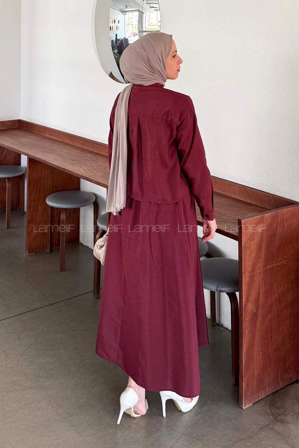 Lamelif Zincir Detaylı Etekli Takım Bordo