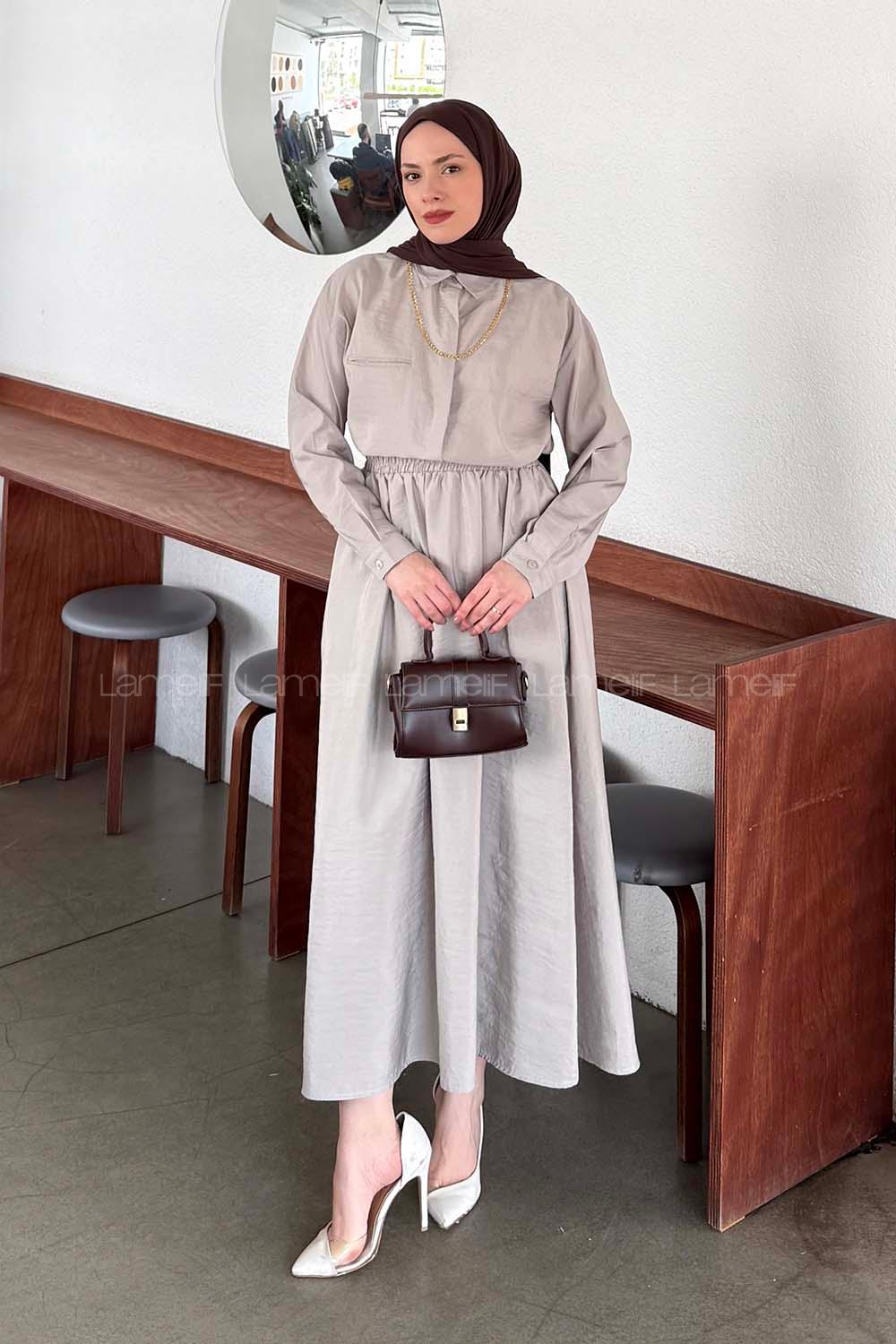 Lamelif Zincir Detaylı Etekli Takım Taş Rengi