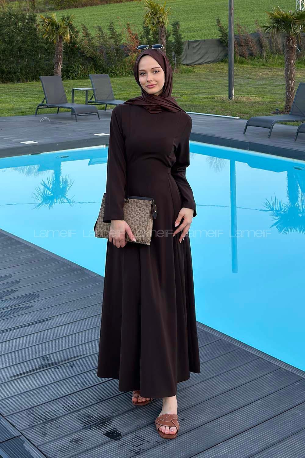 Lamelif Bel Kemer Detaylı Tesettür Elbise Acı Kahve