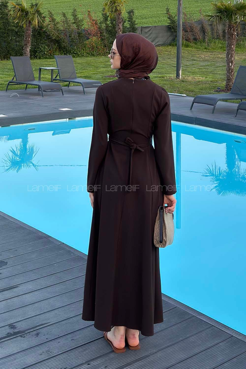 Lamelif Bel Kemer Detaylı Tesettür Elbise Acı Kahve