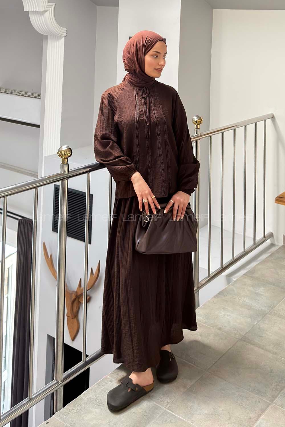 Bitter Brown Crew Neck Long Arm Viscose Fabric Flare Suit