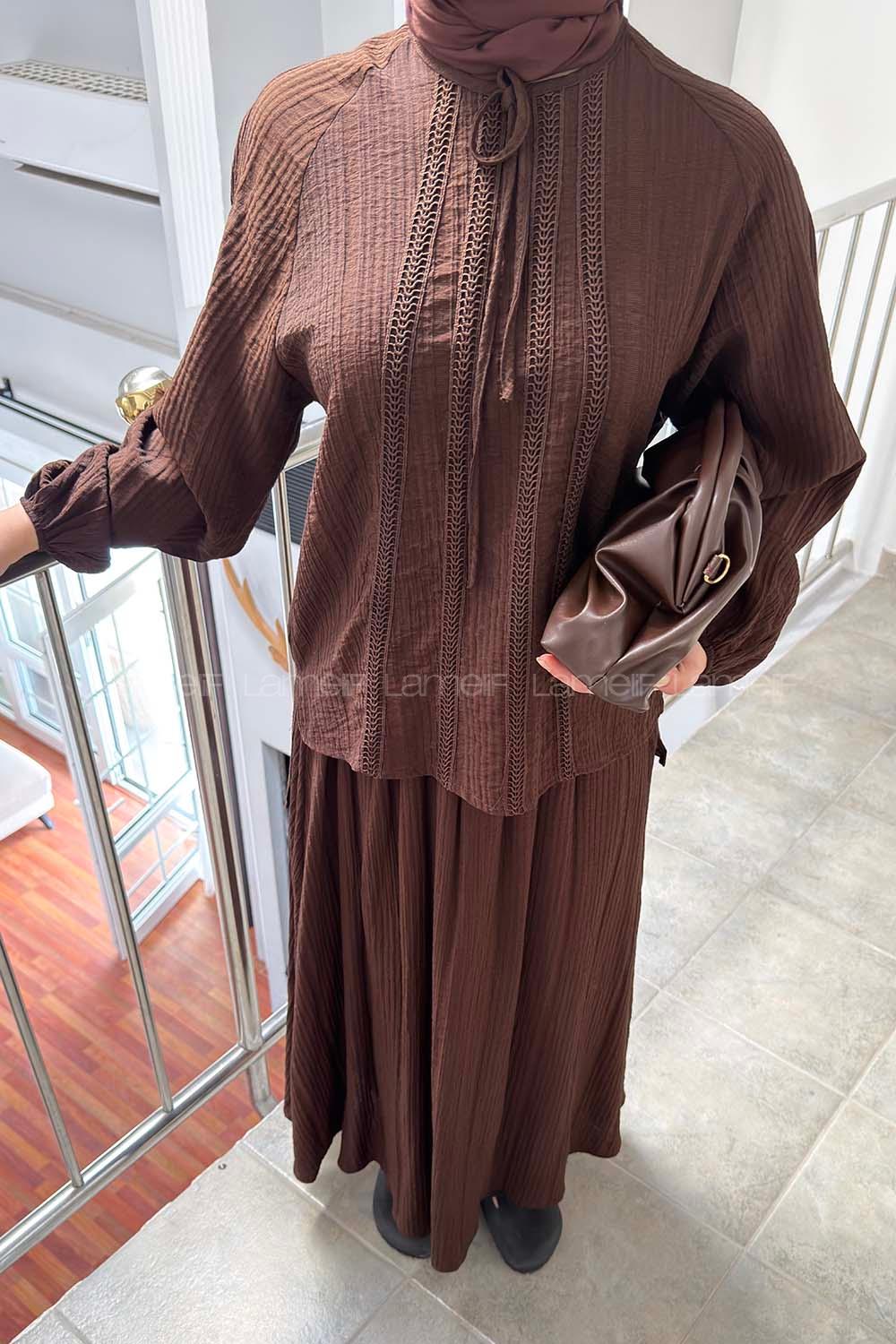 Bitter Brown Crew Neck Long Arm Viscose Fabric Flare Suit