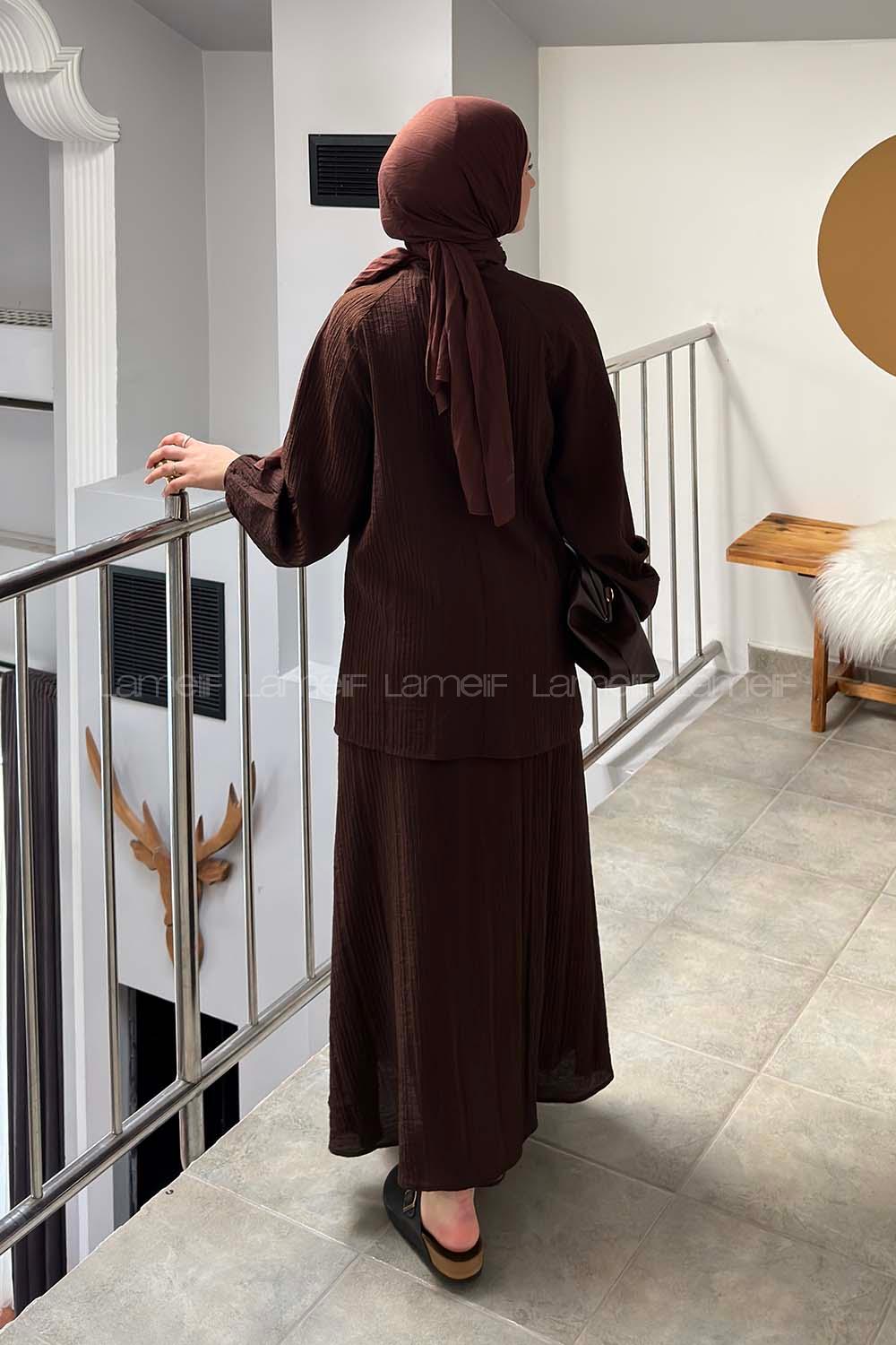 Bitter Brown Crew Neck Long Arm Viscose Fabric Flare Suit