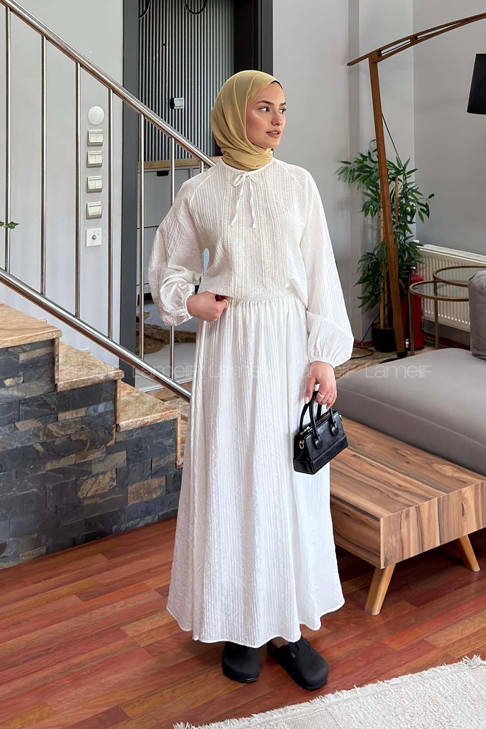 White Crew Neck Long Arm Viscose Fabric Flare Suit