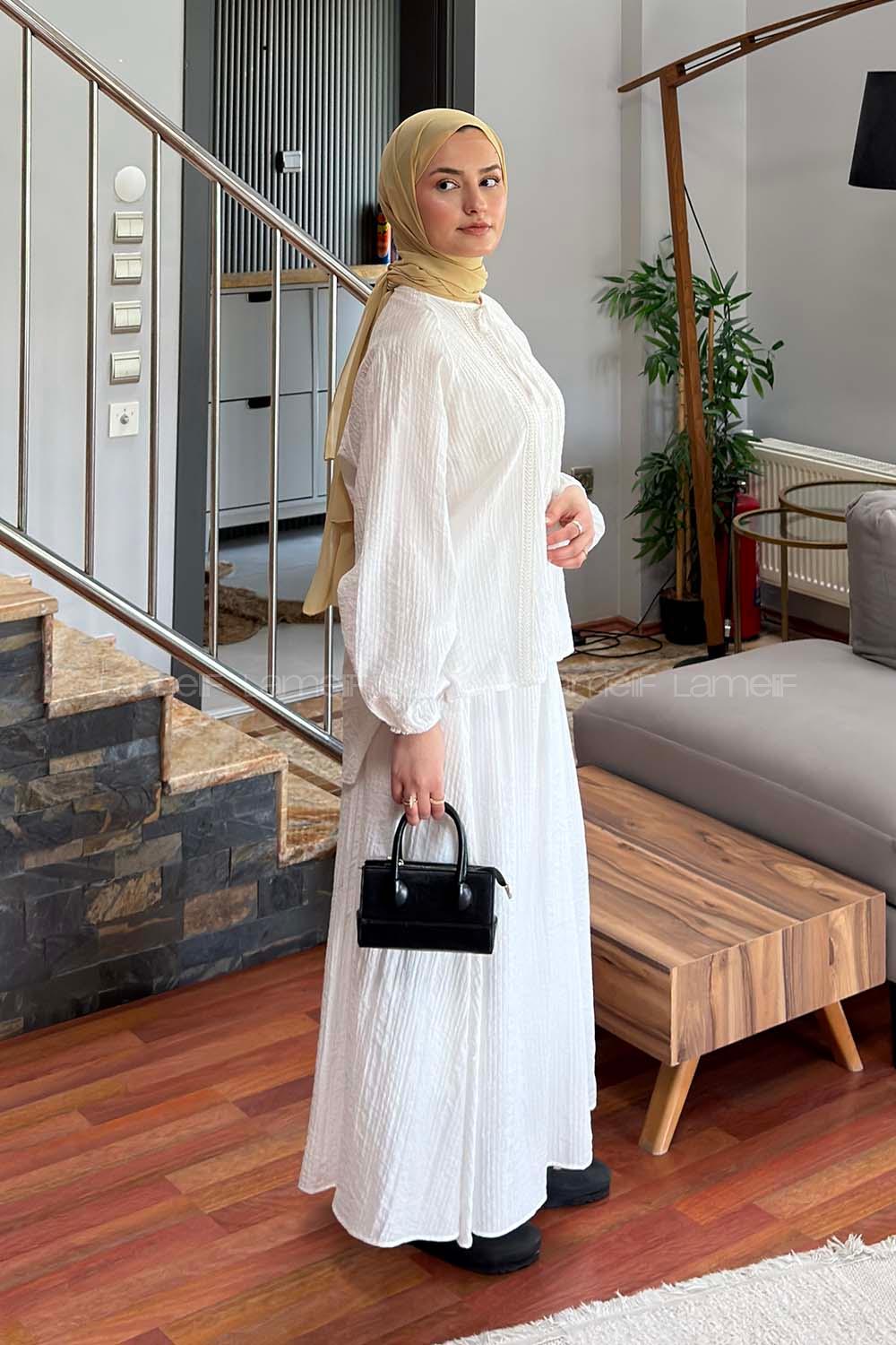 White Crew Neck Long Arm Viscose Fabric Flare Suit