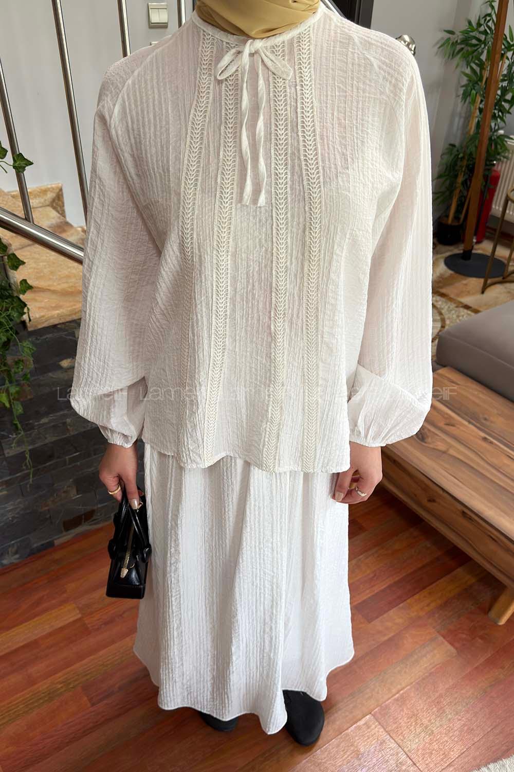 White Crew Neck Long Arm Viscose Fabric Flare Suit