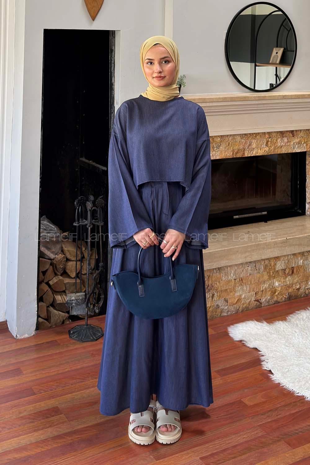 Lamelif Etekli Tesettür Takım Koyu Mavi