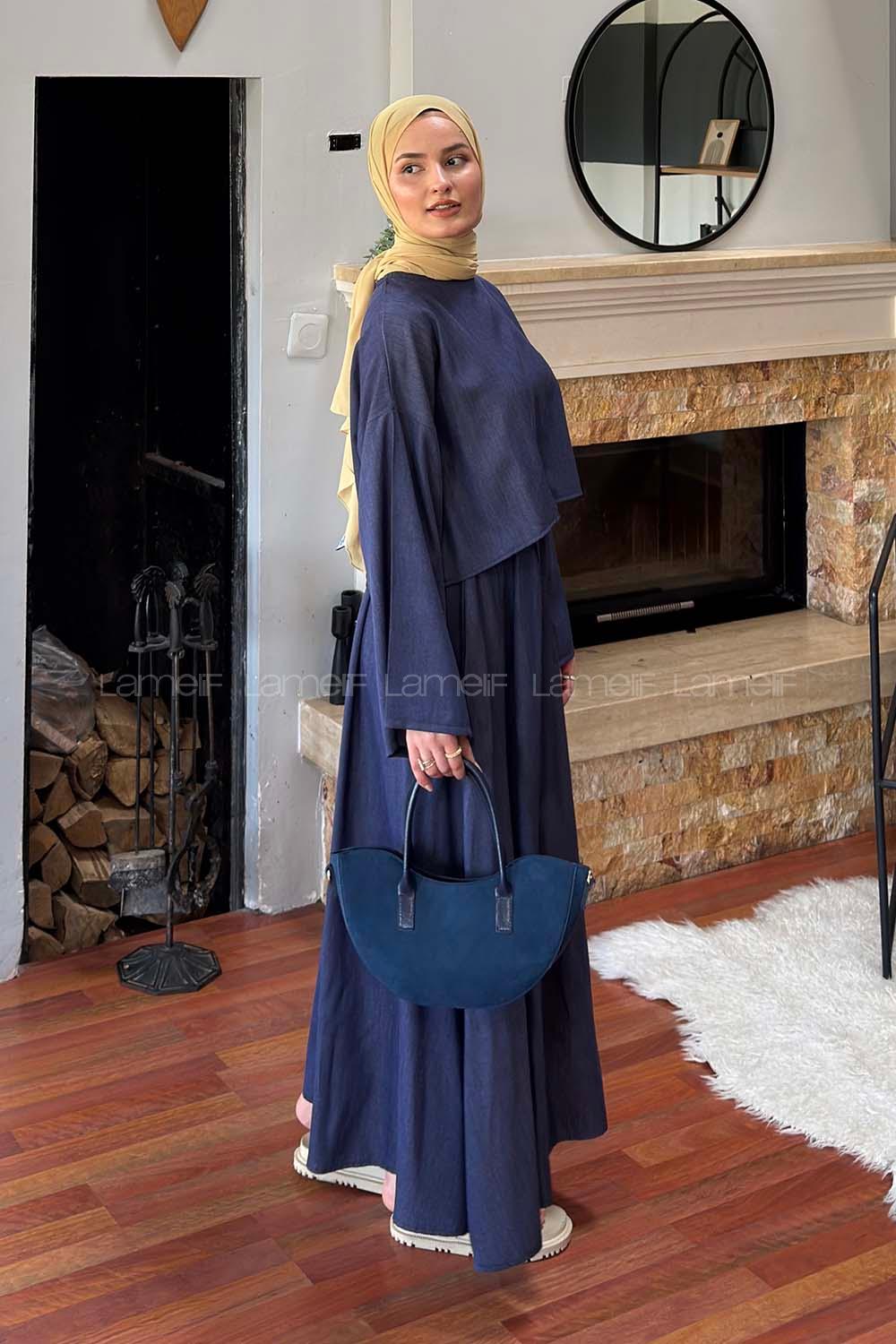 Lamelif Etekli Tesettür Takım Koyu Mavi