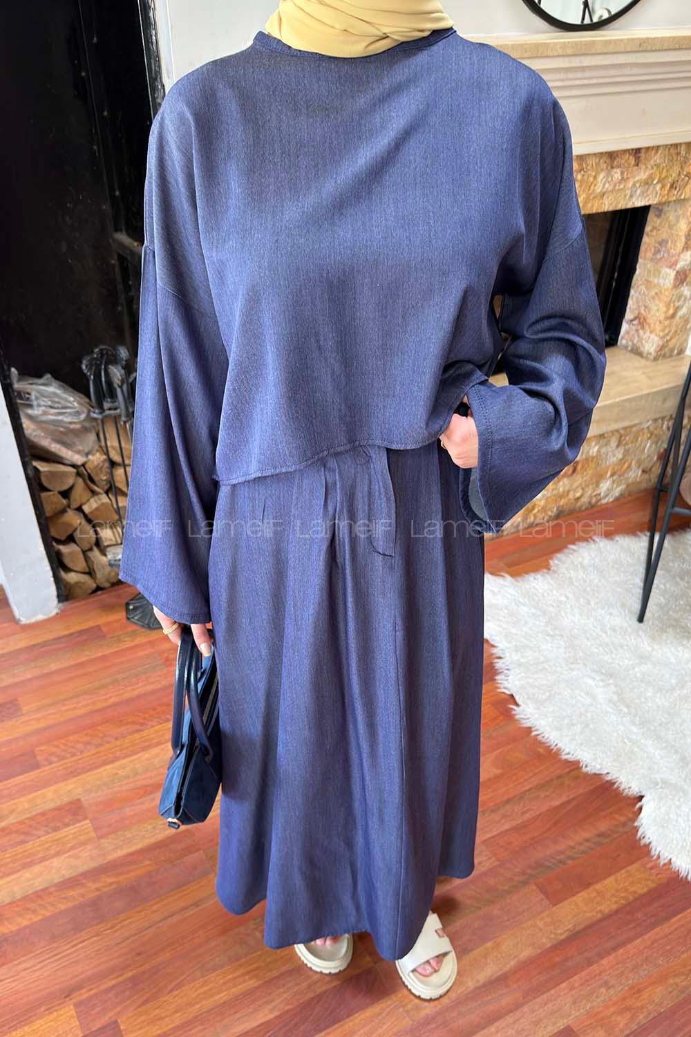 Lamelif Etekli Tesettür Takım Koyu Mavi