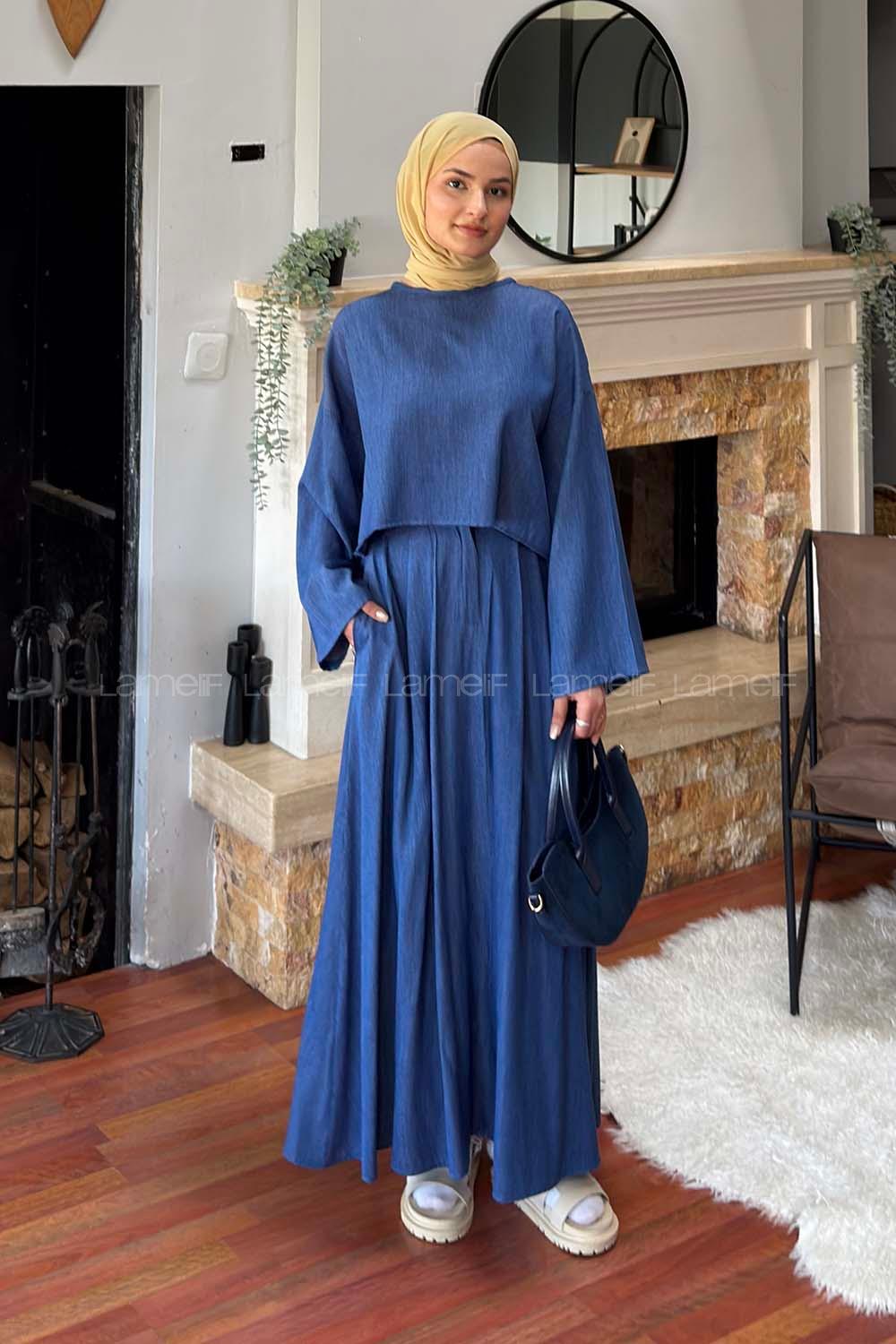 Lamelif Etekli Tesettür Takım Mavi