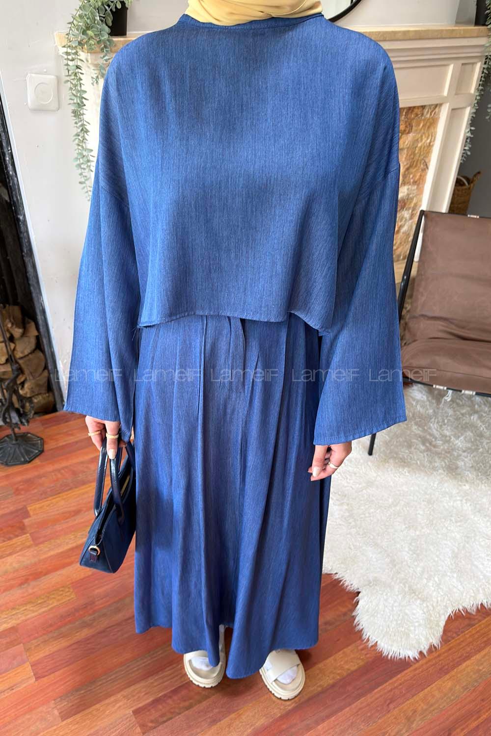 Lamelif Etekli Tesettür Takım Mavi