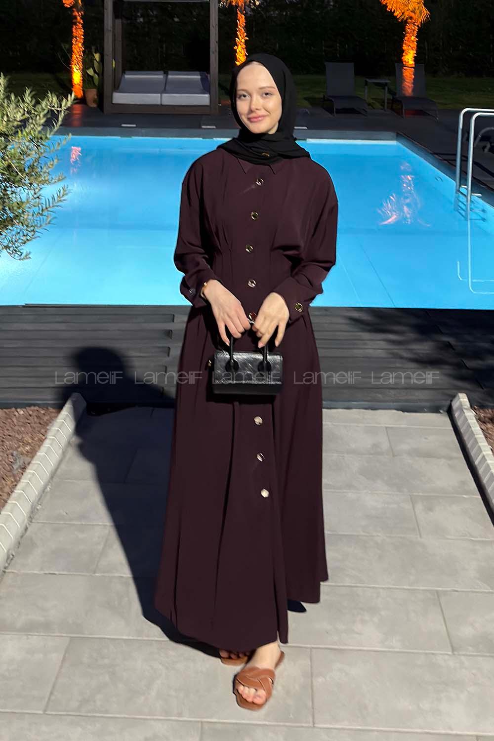 Plum Shirt Collar Viscose Fabric Unprinted Dresess