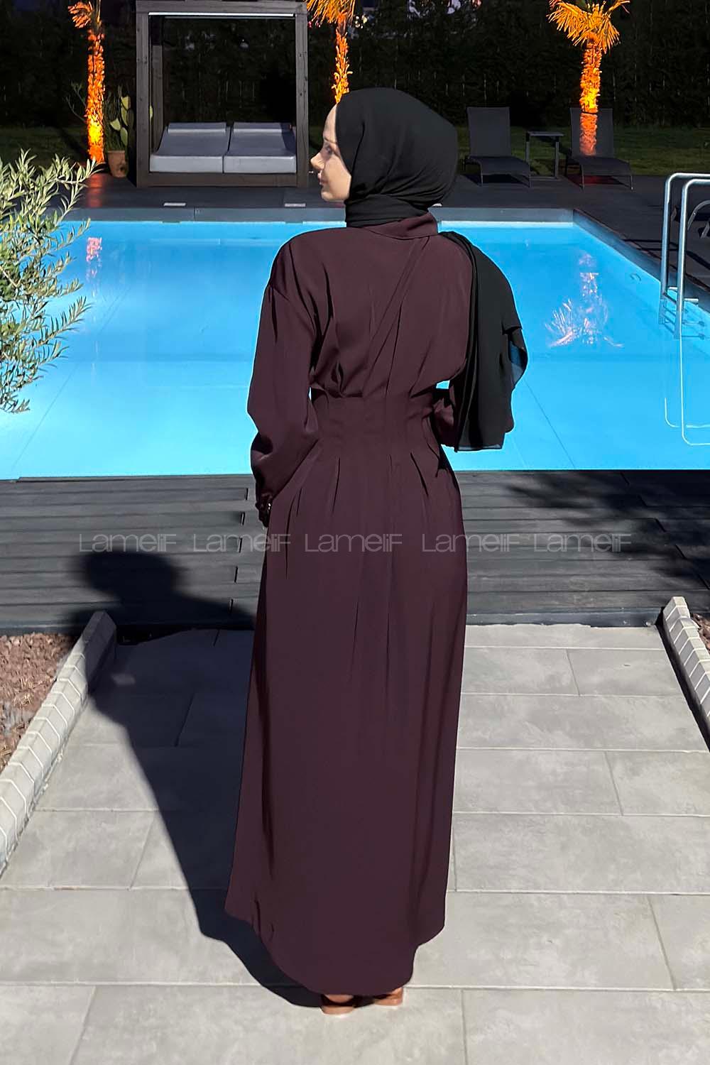Plum Shirt Collar Viscose Fabric Unprinted Dresess