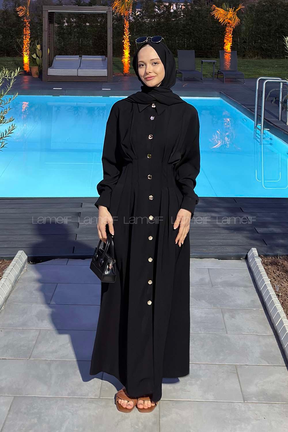 Lamelif Gömlek Yaka Belden Oturtmalı Elbise Siyah