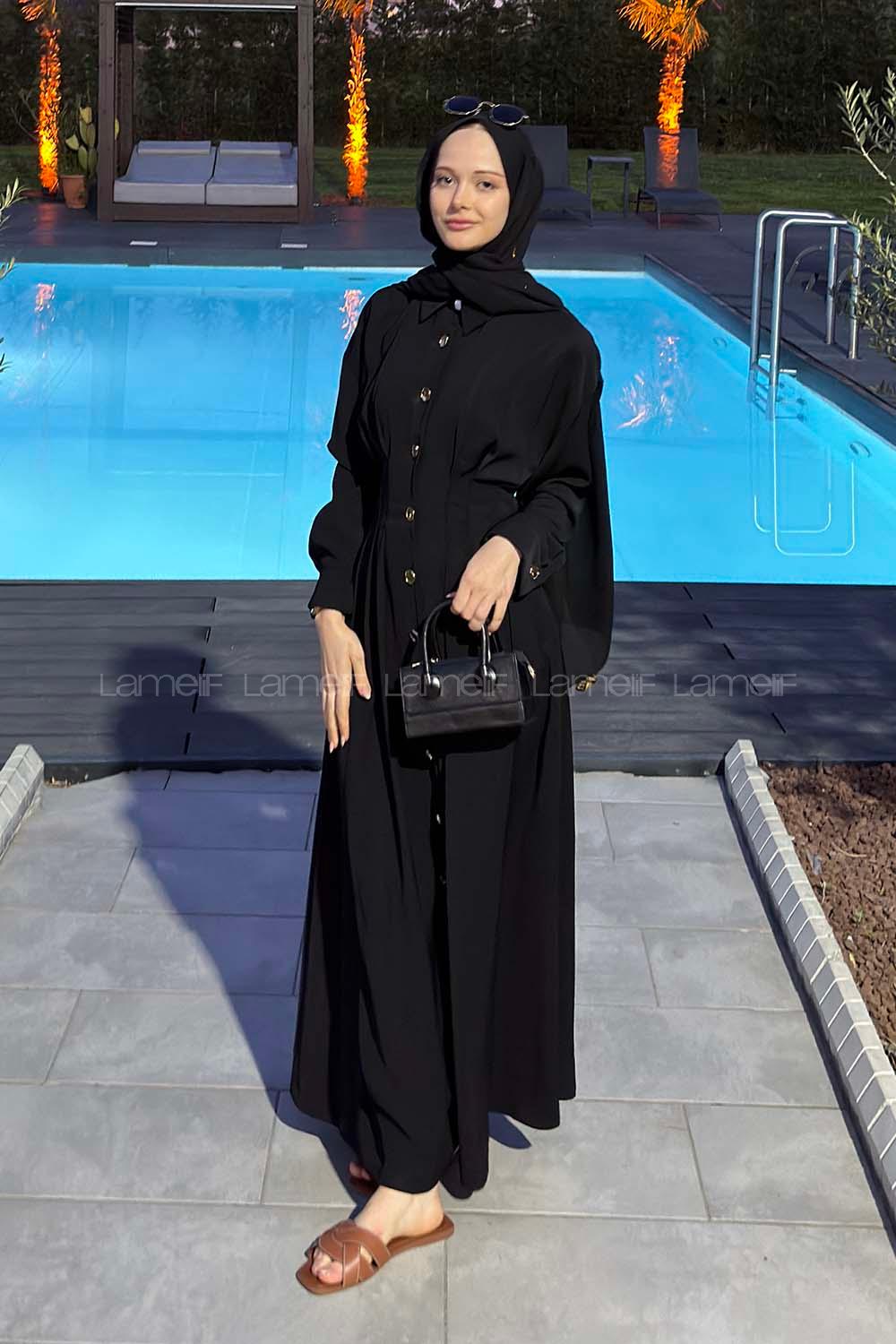 Lamelif Gömlek Yaka Belden Oturtmalı Elbise Siyah